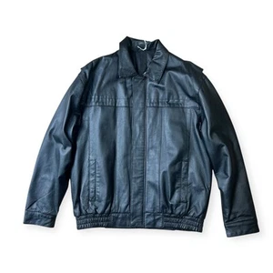 Vintage Black Leather Bomber Biker Jacket Size Large Bhs collared mens - Picture 1 of 15
