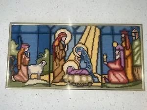 Vintage Framed Needlepoint Holy Family Nativity Scene Christmas Wall Decor - Picture 1 of 2