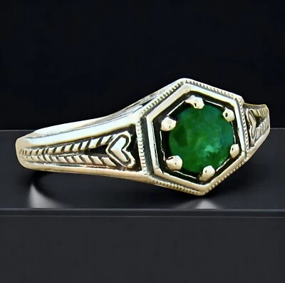 ART DECO STYLE NATURAL EMERALD 925 STERLING SILVER SOLITAIRE HEART RING  #128 - Image 1 of 4