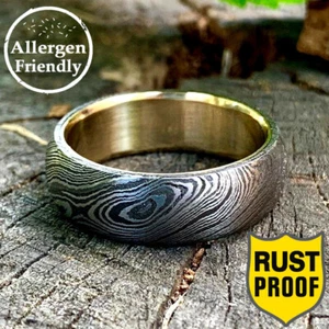 Damascus Steel Custom Handmade Mens Engagement Ring Wedding Band Brass Inlay - Picture 1 of 9