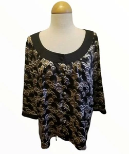 Covington Satin Black/Tan Print Scoopneck 3/4 Sleeves Blouse/ Top Women's SZ XL - Picture 1 of 12