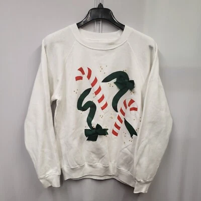 Suéter Vintage Años 90 Feo Navidad Blanco con Bastones de Caramelo y Lazos Verdes Talla L Foto 1 de 4