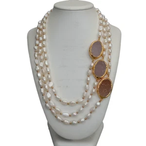 20" 3 Strands White Baroque freshwater Pearl Oval Quartz Druzy pave Necklace - Picture 1 of 7