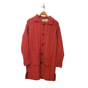 Aran Crafts Ireland Womens 100% Merino Wool Red Long Fisherman Cardigan Medium - Picture 1 of 10