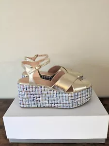 NEW Pollini Gold Leather Ankle Strap Platform Sandals Size 8 - Picture 1 of 6