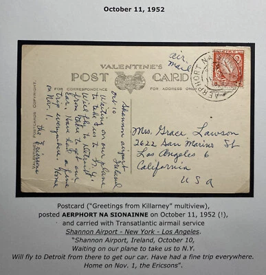 1952 Shannon Airport Ireland Airmail Postcard Cover To Los Angeles CA Usa Greeti - Image 1 of 3