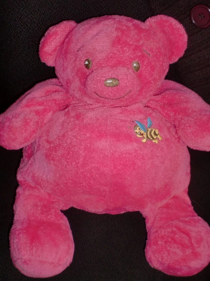 Grand doudou peluche ours rose fushia brodé abeille NOUNOURS 31cm - Photo 1/1