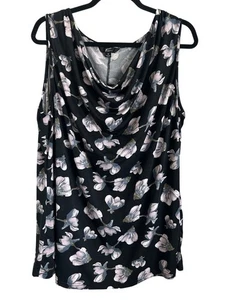 Top de mujer talla grande 1X negro floral sin mangas con cuello drapeado - Imagen 1 de 6