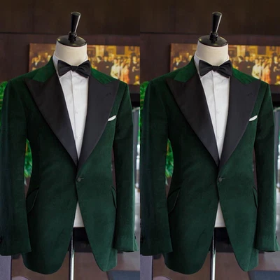 Peak Lapel Men's Velvet Suit Army Green Tuxedo Jacket Party Prom 2Pcs Evening - Image 1 of 4