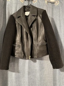 COLE HAAN Black Soft Leather Biker Moto Style Jacket Fleece Sleeves Full Zip S/P - Picture 1 of 5
