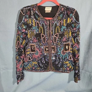 Vtg Stenay Silk Sequin Beaded Bolero Jacket Black Multicolor Formal Sz Small - Picture 1 of 21