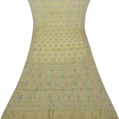 Crema Vintage Sarees 100% Pura Seda Tejido Mano Bordado Sari 4.6m Craft Tela - Imagen 1 de 4