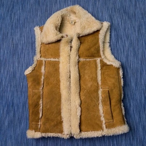 True Vintage 70s Shearling Vest Size 38 Leather Boho Festival Hippy Brass Zipper - Picture 1 of 17