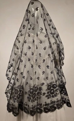 1830’S HAND MADE BLACK SILK LACE LONG BONNET VEIL FOR DRESS W FLORALS - Image 1 of 4
