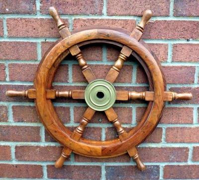 Vintage teak ships wheel C1950 solid wood brass yacht boat nautical beach decor - Image 1 of 4
