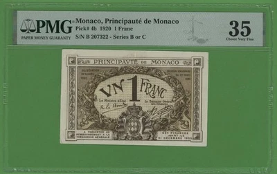MONACO  1 FRANC  ( 1920 ) B   PICK # 4b  PMG 35 CHOICE VERY FINE. - Image 1 of 2