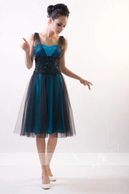 HBH Brautmode I Kurzes Abendkleid mit Perlen veredelt aus Tüll  Schwarz/Blau - Bild 1 von 4