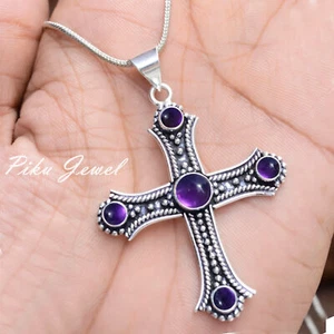 Ciondolo croce in argento sterling 925 con pietra preziosa ametista viola... - Foto 1 di 7