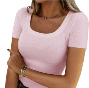 Medium Women’s Ribbed Knit Dressy T-shirt Fitted Crew Neck - Picture 1 of 3