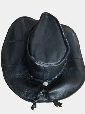 Sombrero de Vaquero de Cuero Negro Genuino Acento Trenzado Talla Mediana Hecho En México Foto 1 de 4