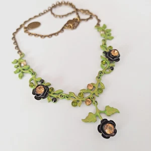 Michal Negrin Necklace Black Roses Y-Drop Green Enamel With Swarovski Crystals - Picture 1 of 18