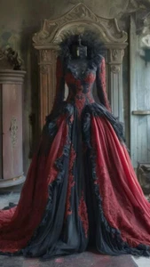 Schwarz Burgund Viktorianisch Gothic Brautkleider Langarm Spitze Fee Braut - Bild 1 von 4