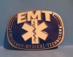 EMT Gürtelschnalle Zinn blau und weiß Emaille Geschenk kostenloser Versand USA - Bild 1 von 4