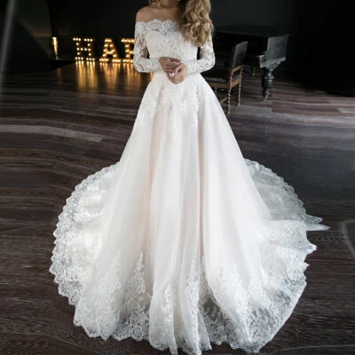 Luxury Beading Appliques Wedding Sexy Off Shoulder Lace Long Sleeves Bride Gowns - Image 1 of 4