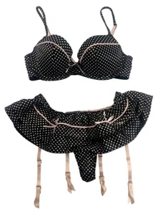 VTG Victoria's Secret Sexy Little Things Polkadot Skirted Thong Bra Set 32D / S - Picture 1 of 8