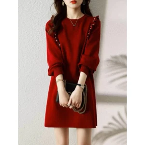 Vestido de lana de invierno para mujer cuello redondo suelto manga larga tejido vestido grueso top - Imagen 1 de 12