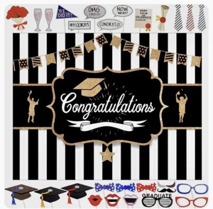 Congratulations Graduation Party Backdrop 56" x 71" & 27pcs Photo Booth Props - Picture 1 of 4