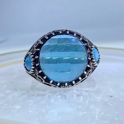 Joia masculina de prata esterlina 925 anel de zircão água-marinha natural خاتم اكومارين - Imagem 1 de 4