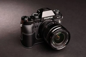 Funda de media cámara de cuero genuino hecha a mano para FUJIFILM X-T1 XT1 negra - Imagen 1 de 7