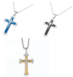 Collana Ciondolo Croce Acciaio Inox Crocifisso Unisex Nero BLU Oro con Catena - Foto 1 di 9