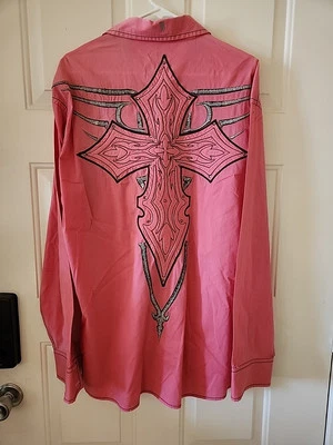 Camisa de botones para hombre Roar Strength refinada cruz/puntada/estrás, rosa, XL Foto 1 de 4