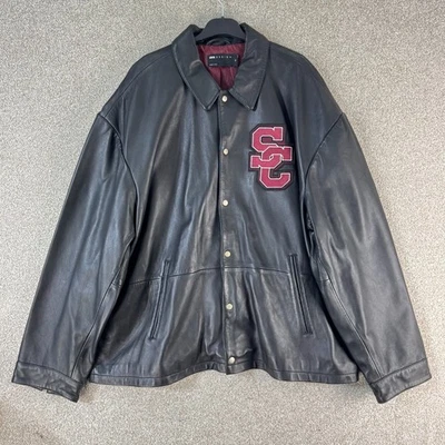 ASOS DESIGN Mens 4XL Black Leather Varsity SC Patch Bomber Jacket Winter - Image 1 of 4