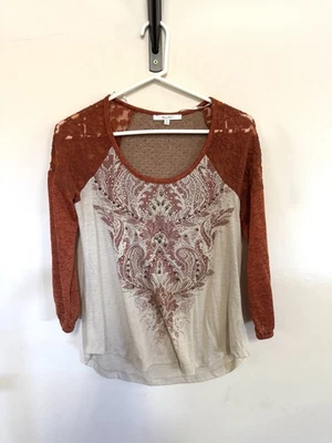 Miss Me Shirt Women's Size Small Orange Studded Lace 3/4 Sleeves Paisley - Image 1 of 3