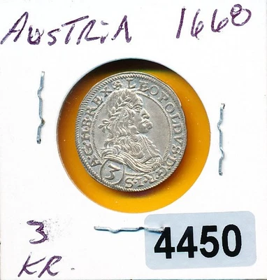 AUSTRIA - 1668 - SILVER 3 KREUZER LEOPOLD - AU-BU - #4450 - Image 1 of 2