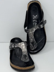 Birkenstock Papillio Sandal Gizeh Birko-Flor Thong Black Silver Metallic Size 40 - Picture 1 of 12