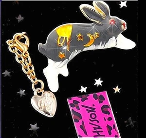 Gold Plated Red Crystal Gray & White Bunny Rabbit Necklace/Brooch - Picture 1 of 16