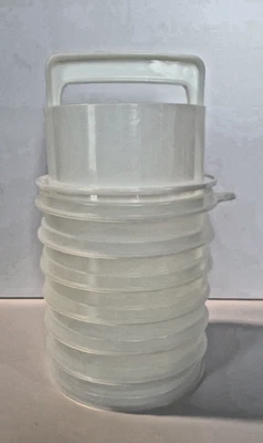 Tupperware 4.25" Burger Press, Ring, 6 Keepers, & Lid 884-12 883-6 882-33 215-99 - Image 1 of 4