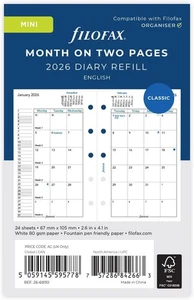 Filofax Mini Größe 2026 Monat auf zwei Seiten Tagebuch Nachfüller 26-68110 - Bild 1 von 3