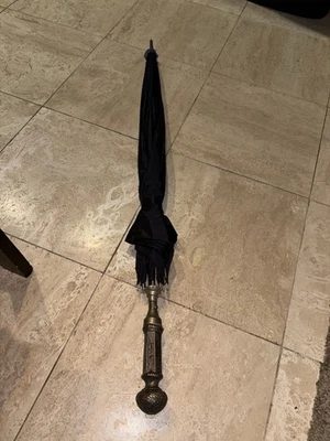 Antique Walking Stick Umbrella Parasol Nickel Silver or Plated Handle Gokul Ribs - Image 1 of 4