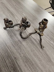 Brass/Bronze Candelabra, Taper Candle Holder 3 Monkeys On A Twisted Branch - Picture 1 of 13