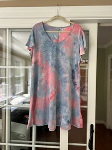 EUC weiß Birke rosa blau 2X Kurzarm V-Ausschnitt Batik T-Shirt Kleid - Bild 1 von 5