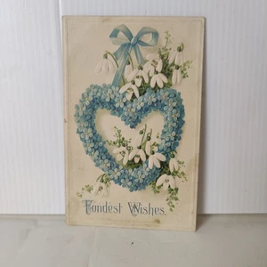Vintage Postcard Posted Fondest Wishes Blue Heart Floral Wreath - Picture 1 of 3