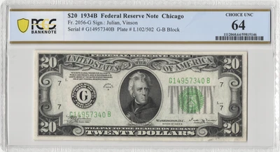 Fr.2056-G 1934B Chicago $20 Federal Reserve Note PCGS Choice UNC 64 Comment - Image 1 of 2