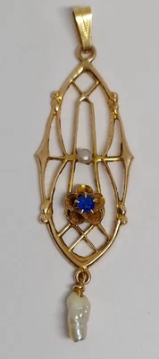 Colgante Antiguo Filigrana Lavalier Oro Amarillo 10K Simulado AZUL Gema y Perla De Colección Foto 1 de 4
