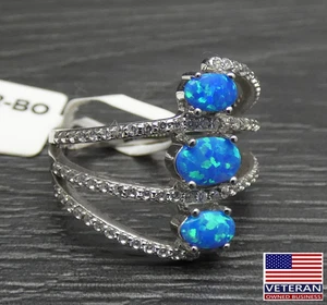 Anillo de plata esterlina tres ópalo de fuego azul ancho piedra transparente banda dividida talla 6 - Imagen 1 de 12