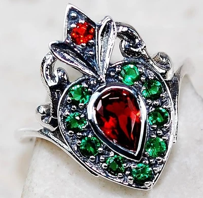 Anillo de filigrana de plata de ley 925 granate de fuego natural y esmeralda de 2 quilates talla 6,7,8 US1 Foto 1 de 3